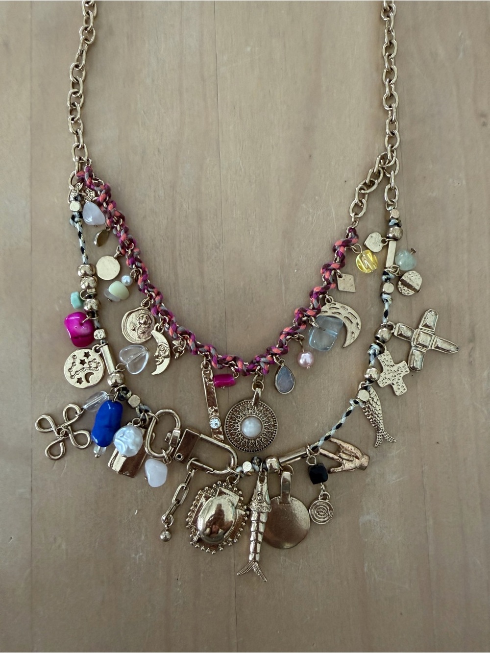 Free People Gold-Tone Multi Charm Necklace with Pink & Blue Accents